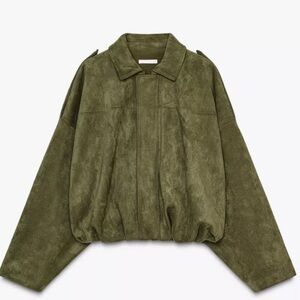 NWT Zara Suede Effect Bomber Olive Green Size Small